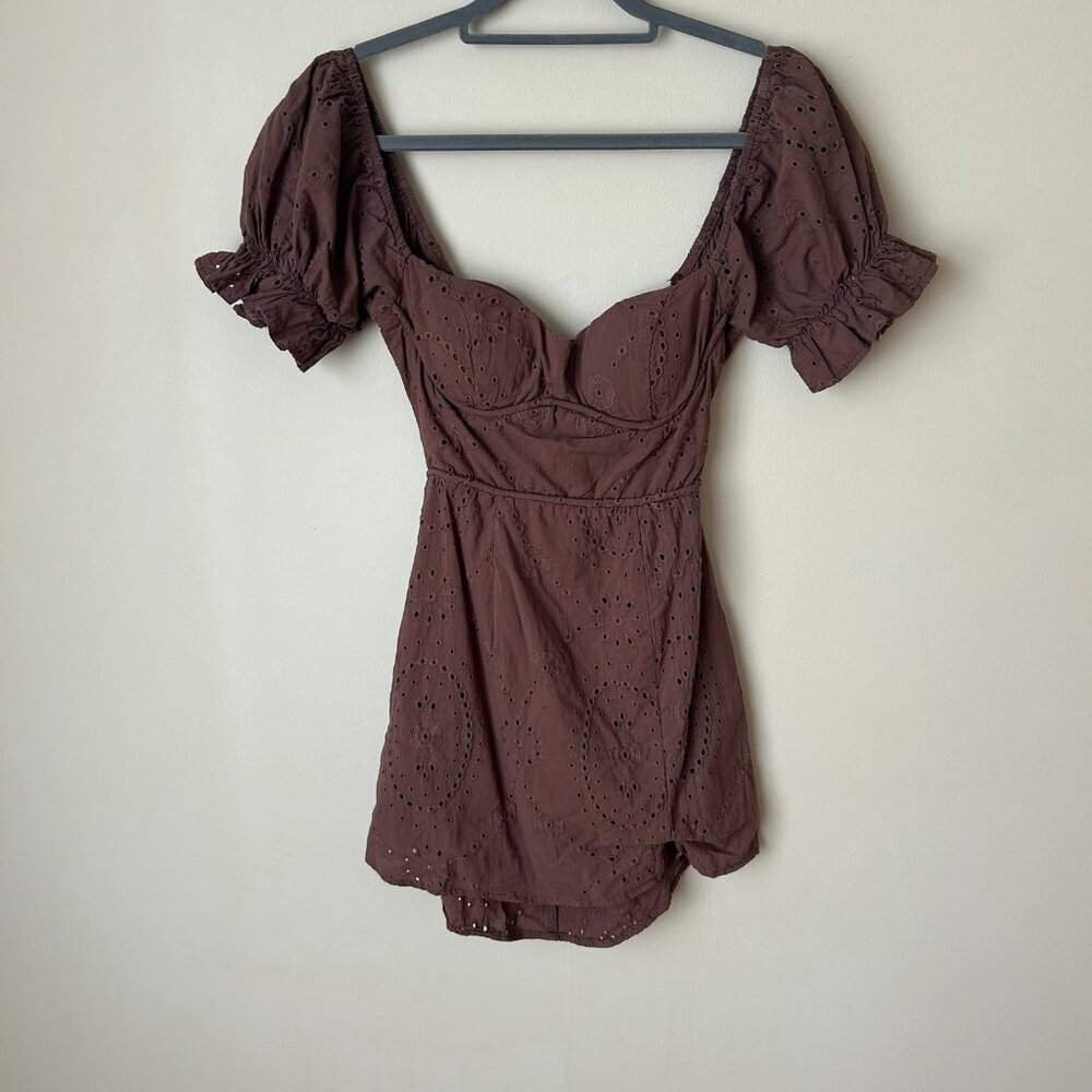 Brown Eyelet Puff-Sleeve Mini Dress